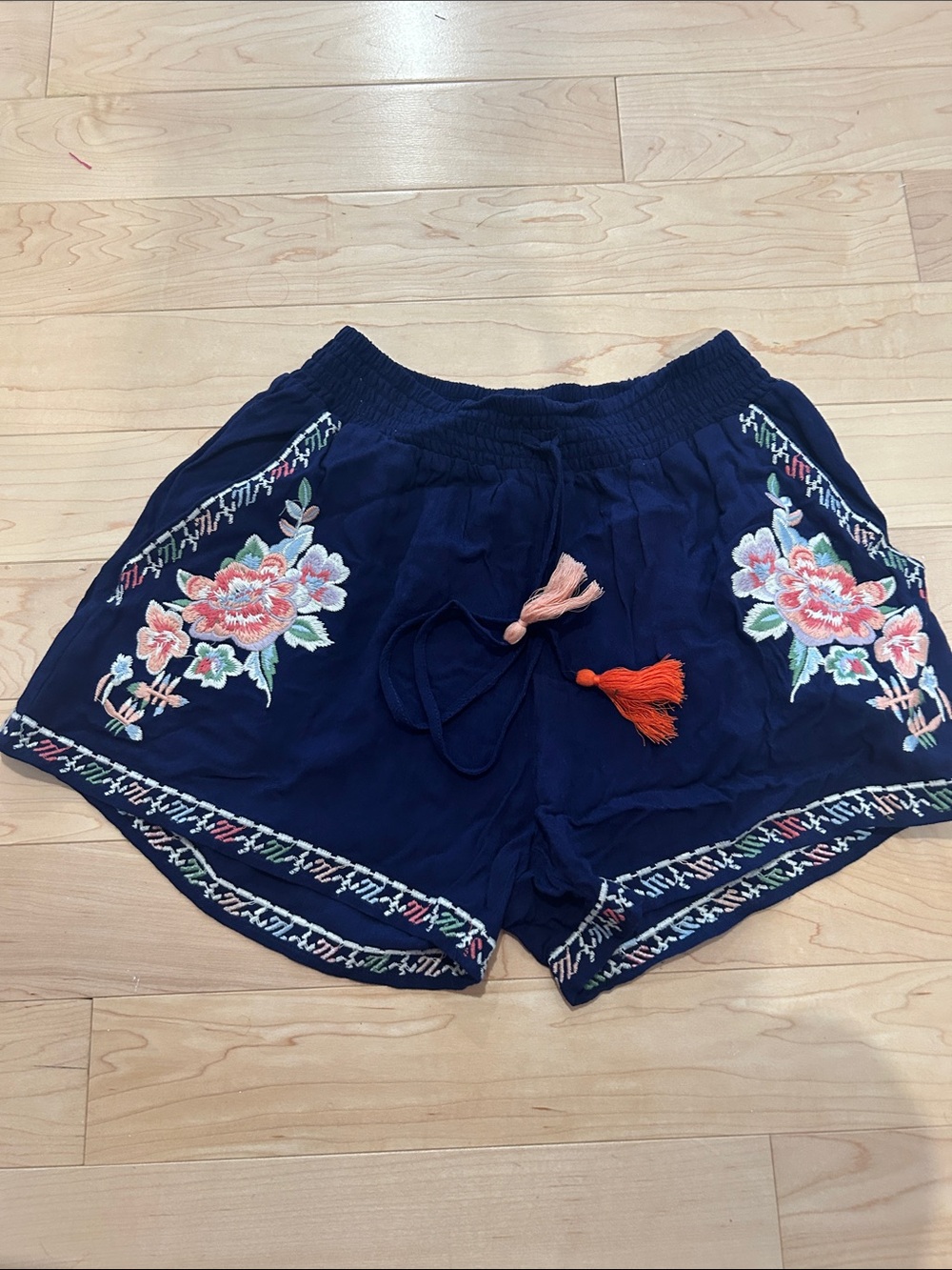 THML Navy Floral Embroidered Tassel Drawstring Shorts